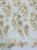 Corded Lace Sequins Fabric - Rose / Beige - Embroidered Fancy Flower and Fish Design Sold By Yard