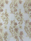 Corded Lace Sequins Fabric - Rose / Beige - Embroidered Fancy Flower and Fish Design Sold By Yard