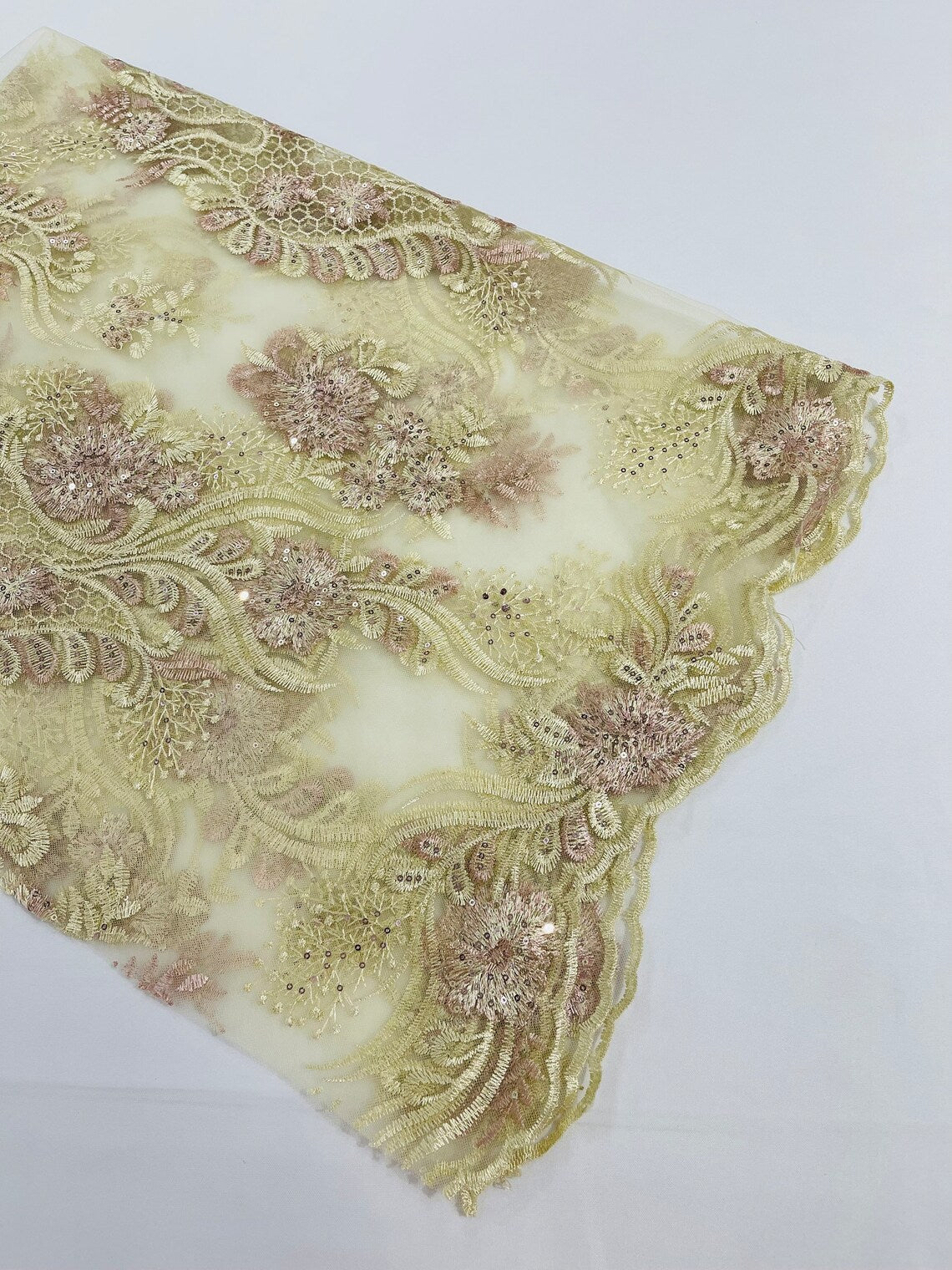 Corded Lace Sequins Fabric - Rose / Beige - Embroidered Fancy Flower and Fish Design Sold By Yard
