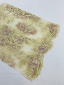Corded Lace Sequins Fabric - Rose / Beige - Embroidered Fancy Flower and Fish Design Sold By Yard