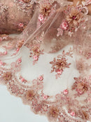 3D Floral Pearl Design - Rose - Floral Embroidered Pearls and Sequins Fabric By Yard