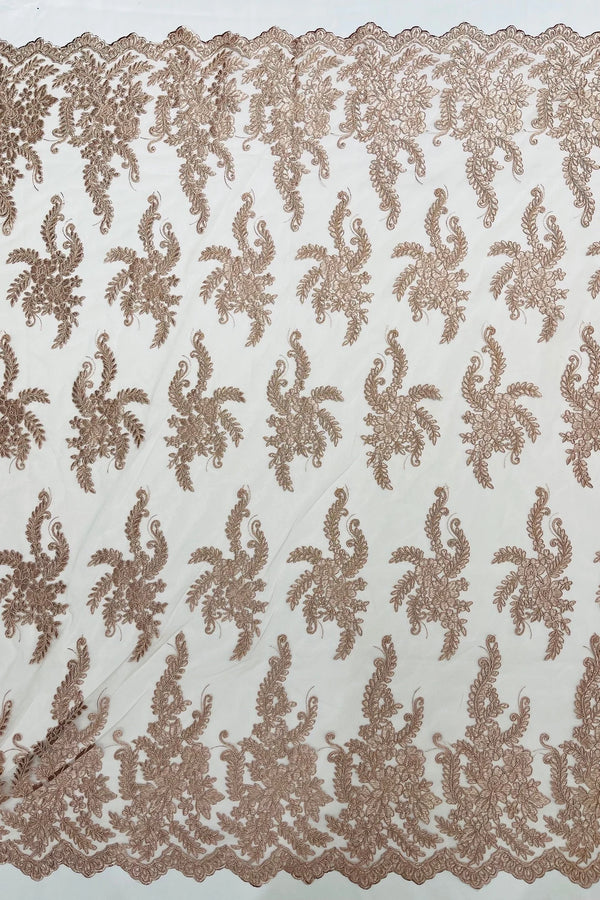 Long Leaf Designs Lace Fabric - Rose - Embroidered Braid Leaf Pattern on Lace Mesh Fabric By Yard