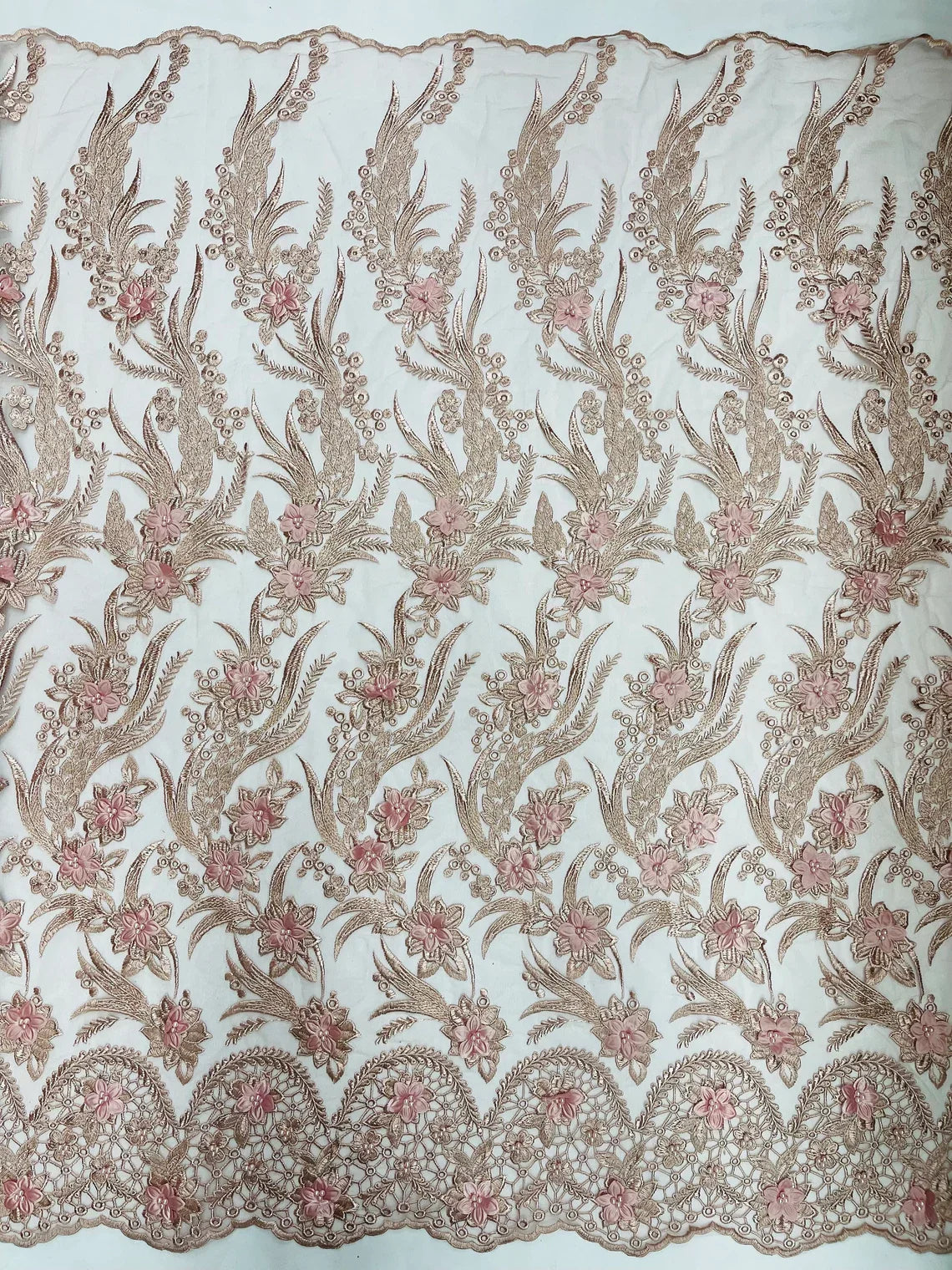3D Floral Leaf Panels - Rose - Embroidered 3D Flower Lines with Pearls on Lace By Yard