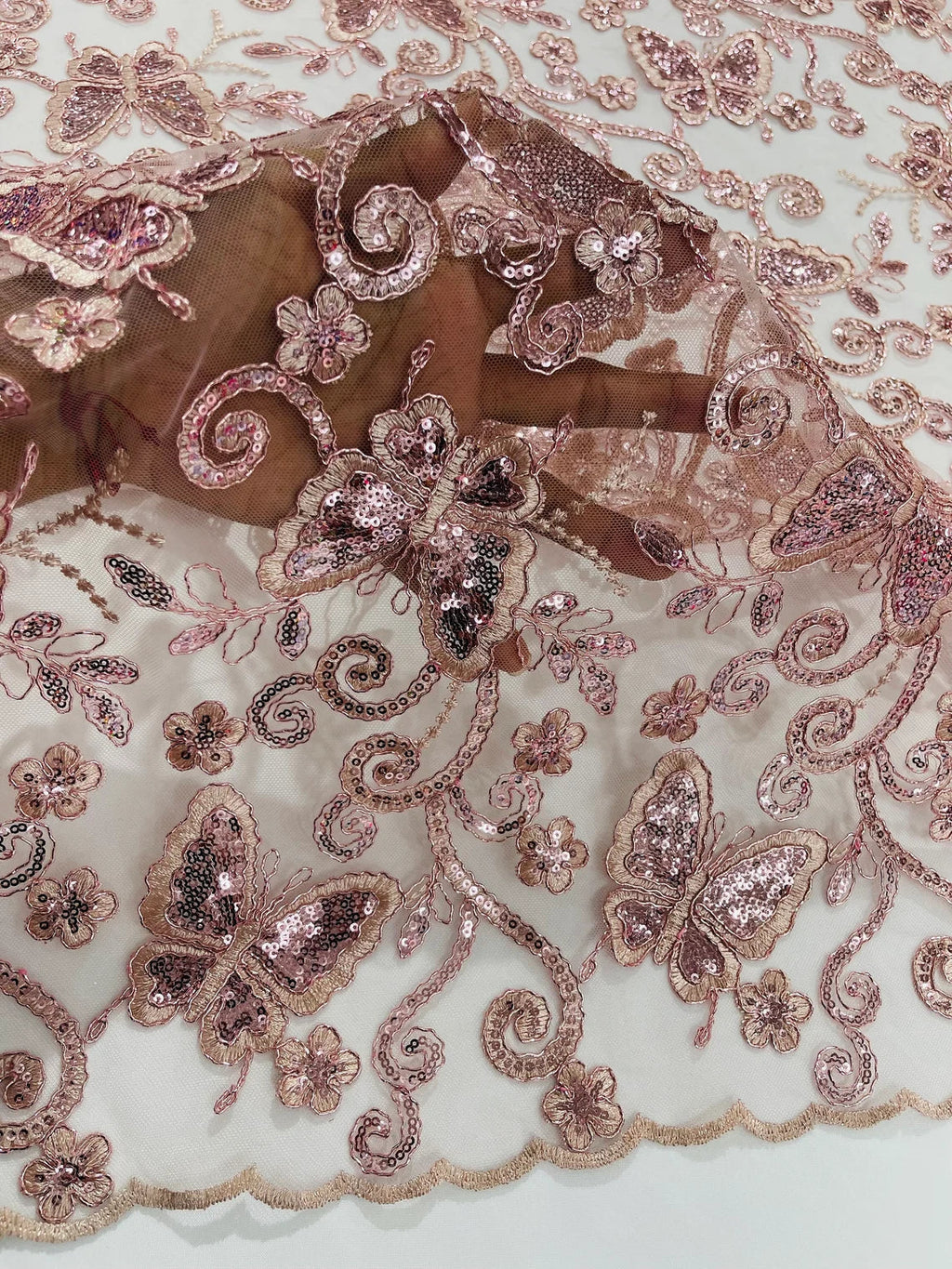 Butterfly Swirl Lace Fabric - Rose - Metallic Sequins Design on Lace Fabric By Yard