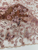 Butterfly Swirl Lace Fabric - Rose - Metallic Sequins Design on Lace Fabric By Yard
