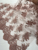 Floral Damask Lace Fabric - Rose - Embroidered Damask Flowers on Lace Fabric By Yard