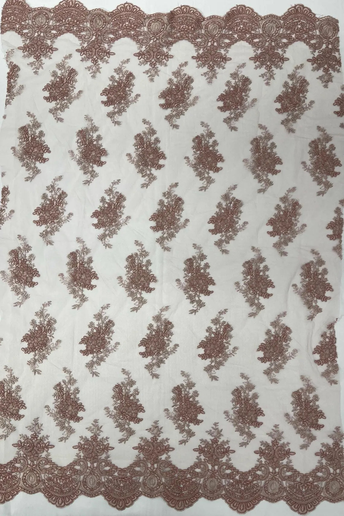 Floral Damask Lace Fabric - Rose - Embroidered Damask Flowers on Lace Fabric By Yard