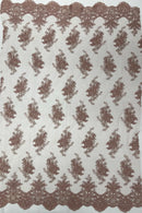 Floral Damask Lace Fabric - Rose - Embroidered Damask Flowers on Lace Fabric By Yard