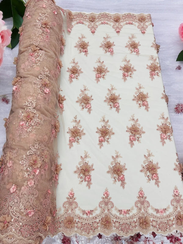 3D Floral Pearl Design - Rose - Floral Embroidered Pearls and Sequins Fabric By Yard