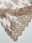 Long Leaf Designs Lace Fabric - Rose - Embroidered Braid Leaf Pattern on Lace Mesh Fabric By Yard
