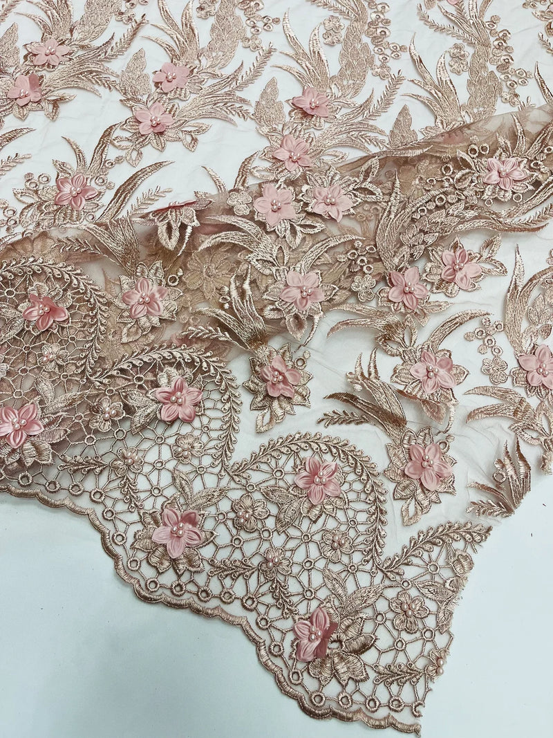 3D Floral Leaf Panels - Rose - Embroidered 3D Flower Lines with Pearls on Lace By Yard
