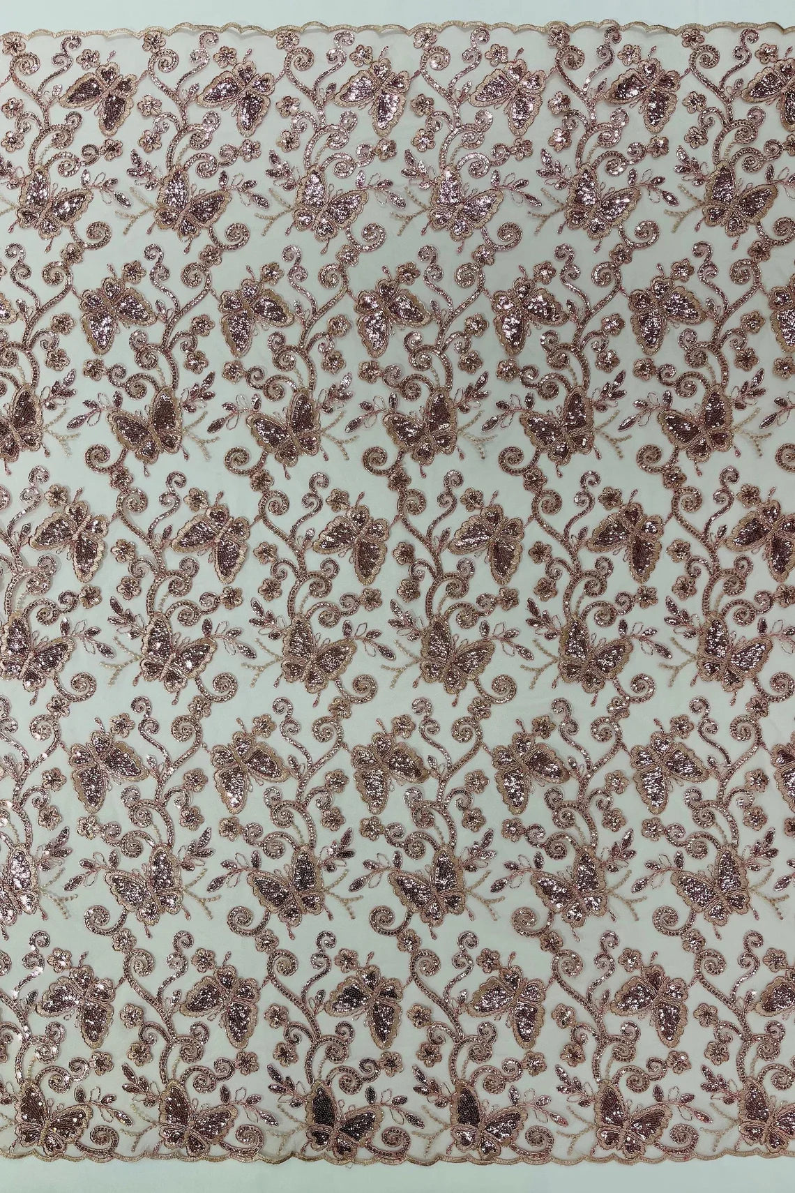 Butterfly Swirl Lace Fabric - Rose - Metallic Sequins Design on Lace Fabric By Yard