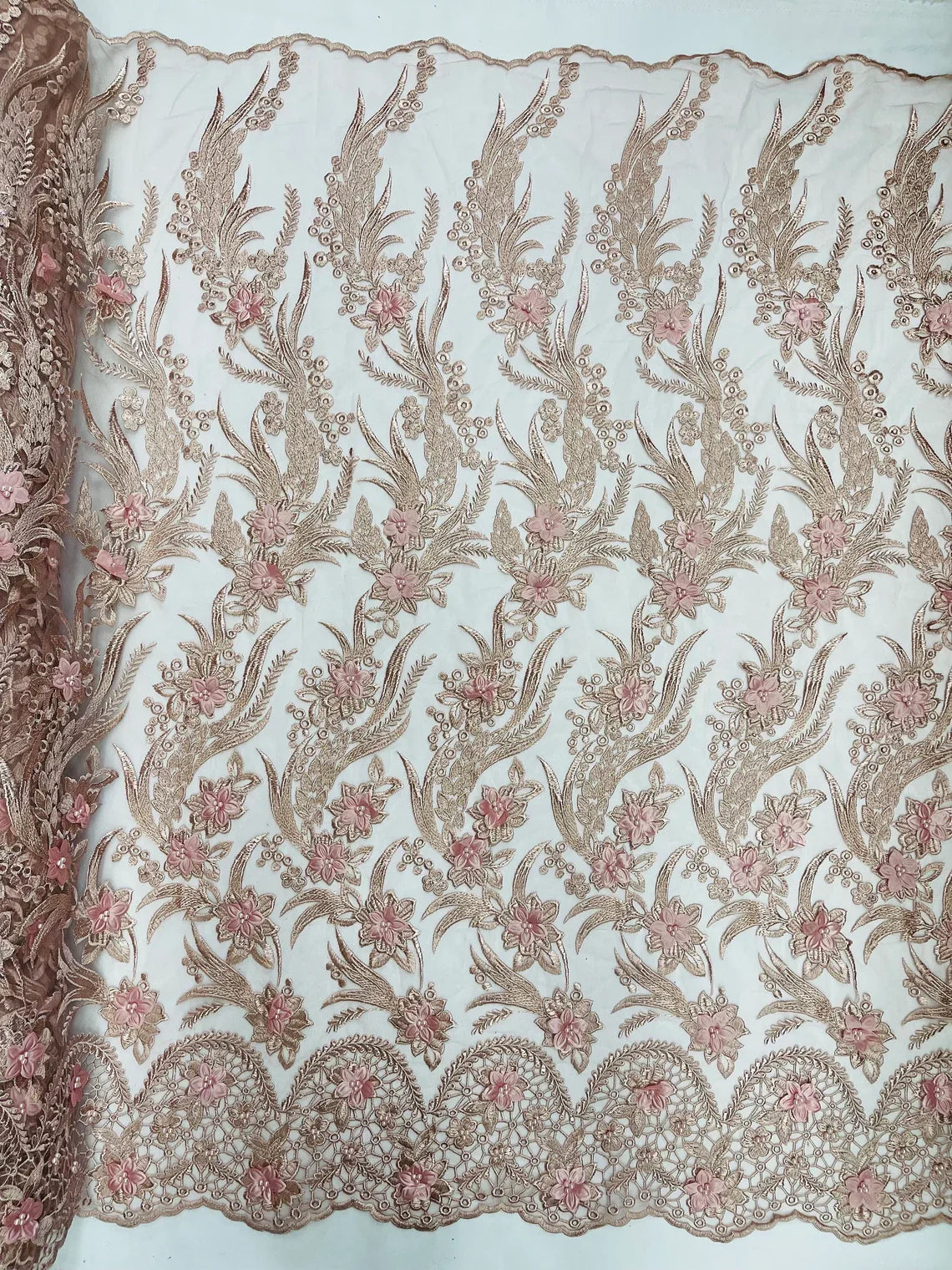 3D Floral Leaf Panels - Rose - Embroidered 3D Flower Lines with Pearls on Lace By Yard