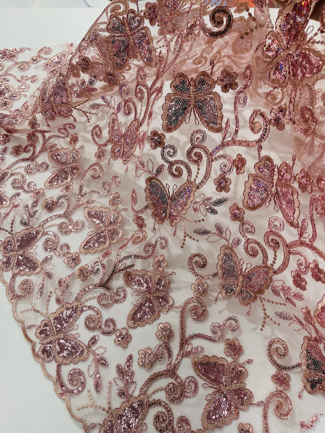 Butterfly Swirl Lace Fabric - Rose - Metallic Sequins Design on Lace Fabric By Yard