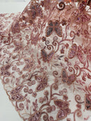 Butterfly Swirl Lace Fabric - Rose - Metallic Sequins Design on Lace Fabric By Yard