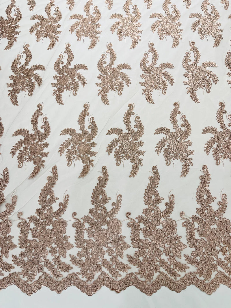 Long Leaf Designs Lace Fabric - Rose - Embroidered Braid Leaf Pattern on Lace Mesh Fabric By Yard