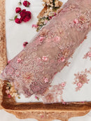 3D Floral Pearl Design - Rose - Floral Embroidered Pearls and Sequins Fabric By Yard