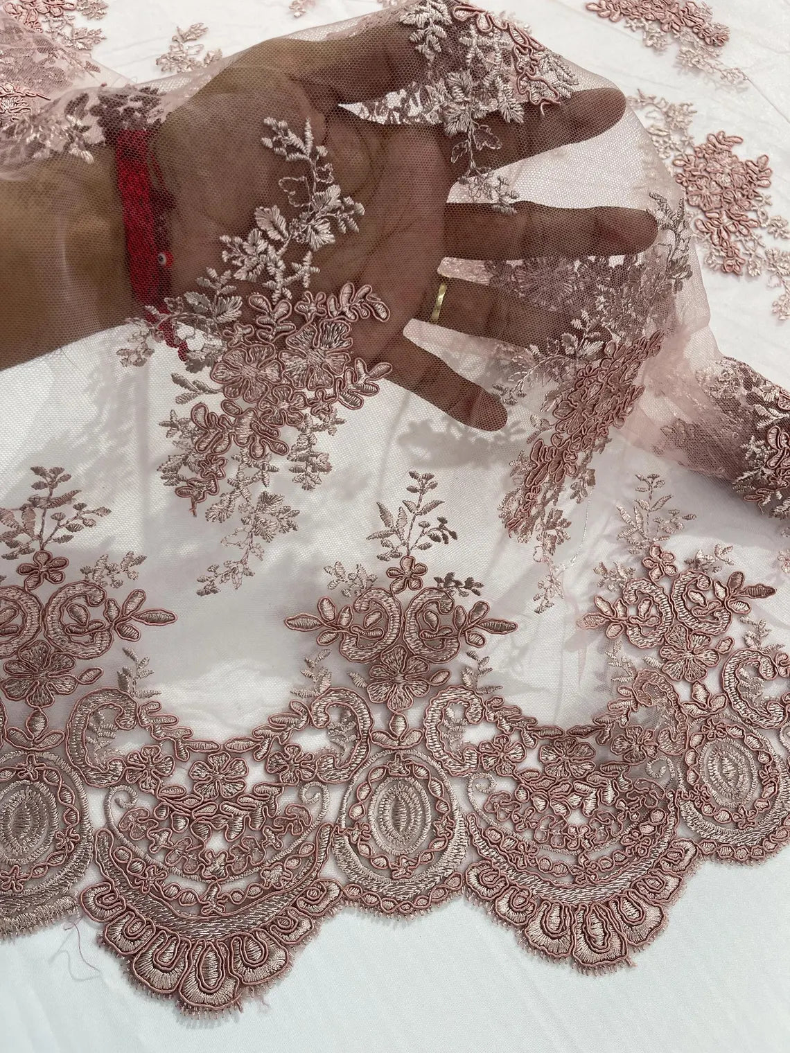 Floral Damask Lace Fabric - Rose - Embroidered Damask Flowers on Lace Fabric By Yard