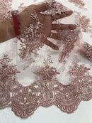 Floral Damask Lace Fabric - Rose - Embroidered Damask Flowers on Lace Fabric By Yard
