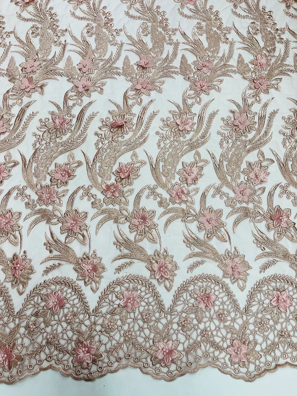 3D Floral Leaf Panels - Rose - Embroidered 3D Flower Lines with Pearls on Lace By Yard