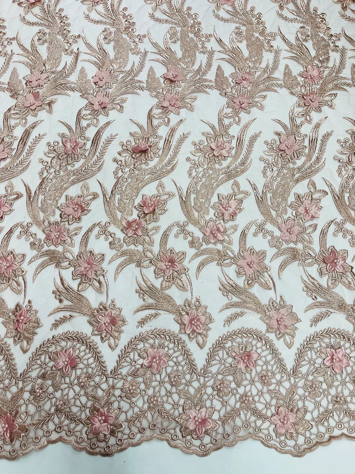 3D Floral Leaf Panels - Rose - Embroidered 3D Flower Lines with Pearls on Lace By Yard
