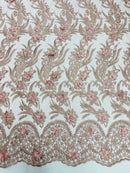 3D Floral Leaf Panels - Rose - Embroidered 3D Flower Lines with Pearls on Lace By Yard