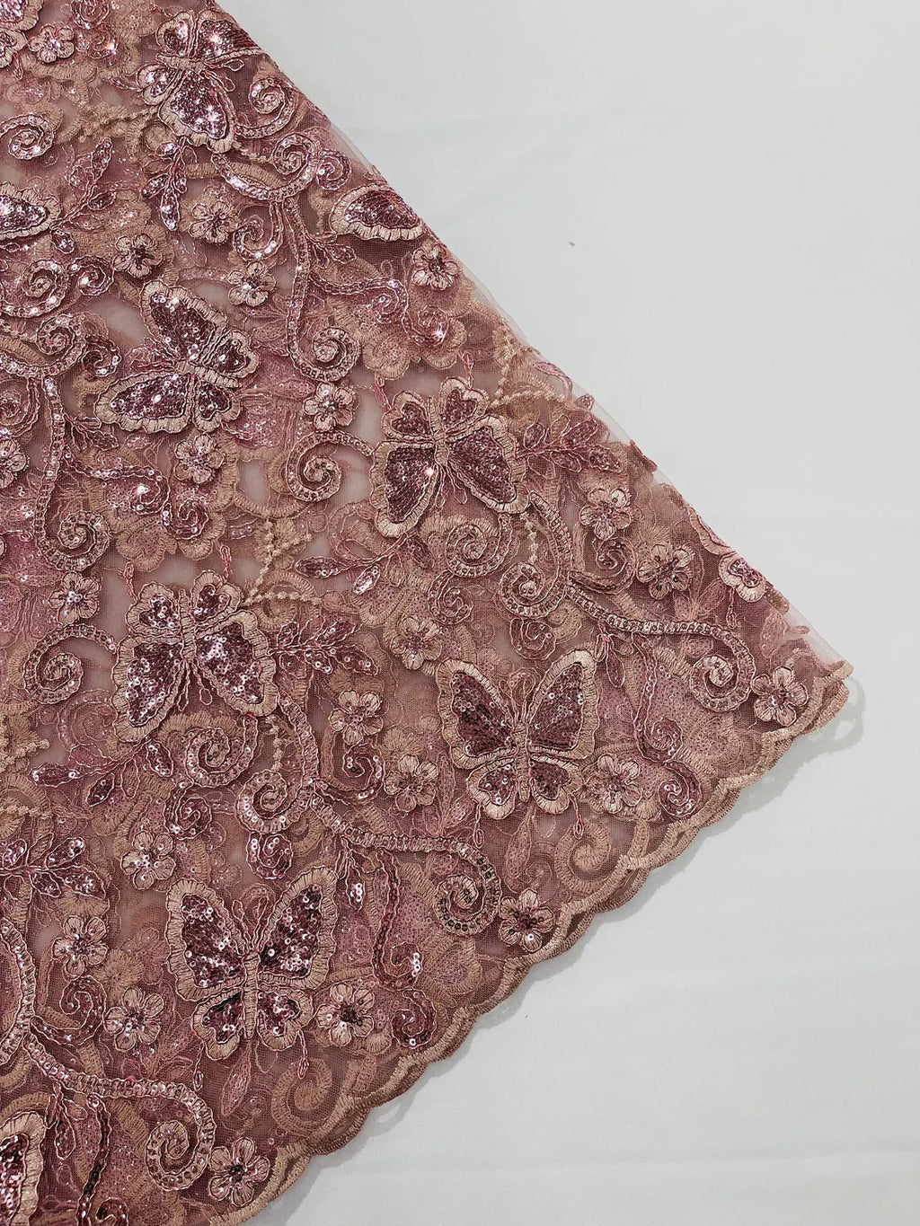 Butterfly Swirl Lace Fabric - Rose - Metallic Sequins Design on Lace Fabric By Yard