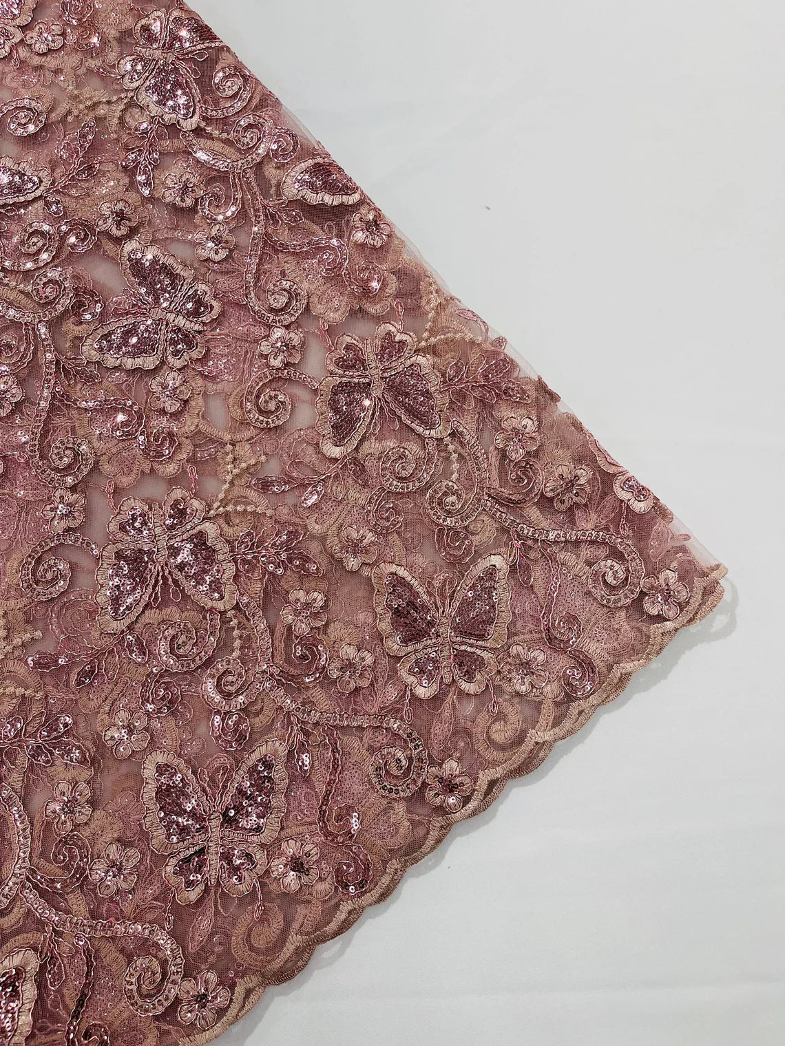 Butterfly Swirl Lace Fabric - Rose - Metallic Sequins Design on Lace Fabric By Yard