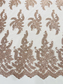 Long Leaf Designs Lace Fabric - Rose - Embroidered Braid Leaf Pattern on Lace Mesh Fabric By Yard