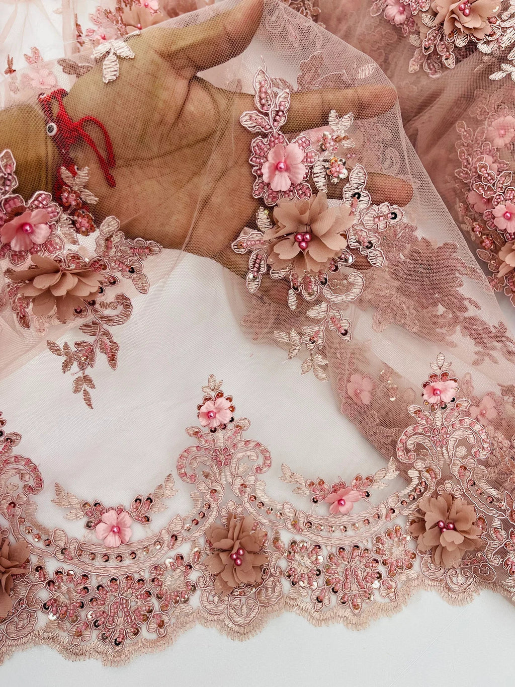3D Floral Pearl Design - Rose - Floral Embroidered Pearls and Sequins Fabric By Yard