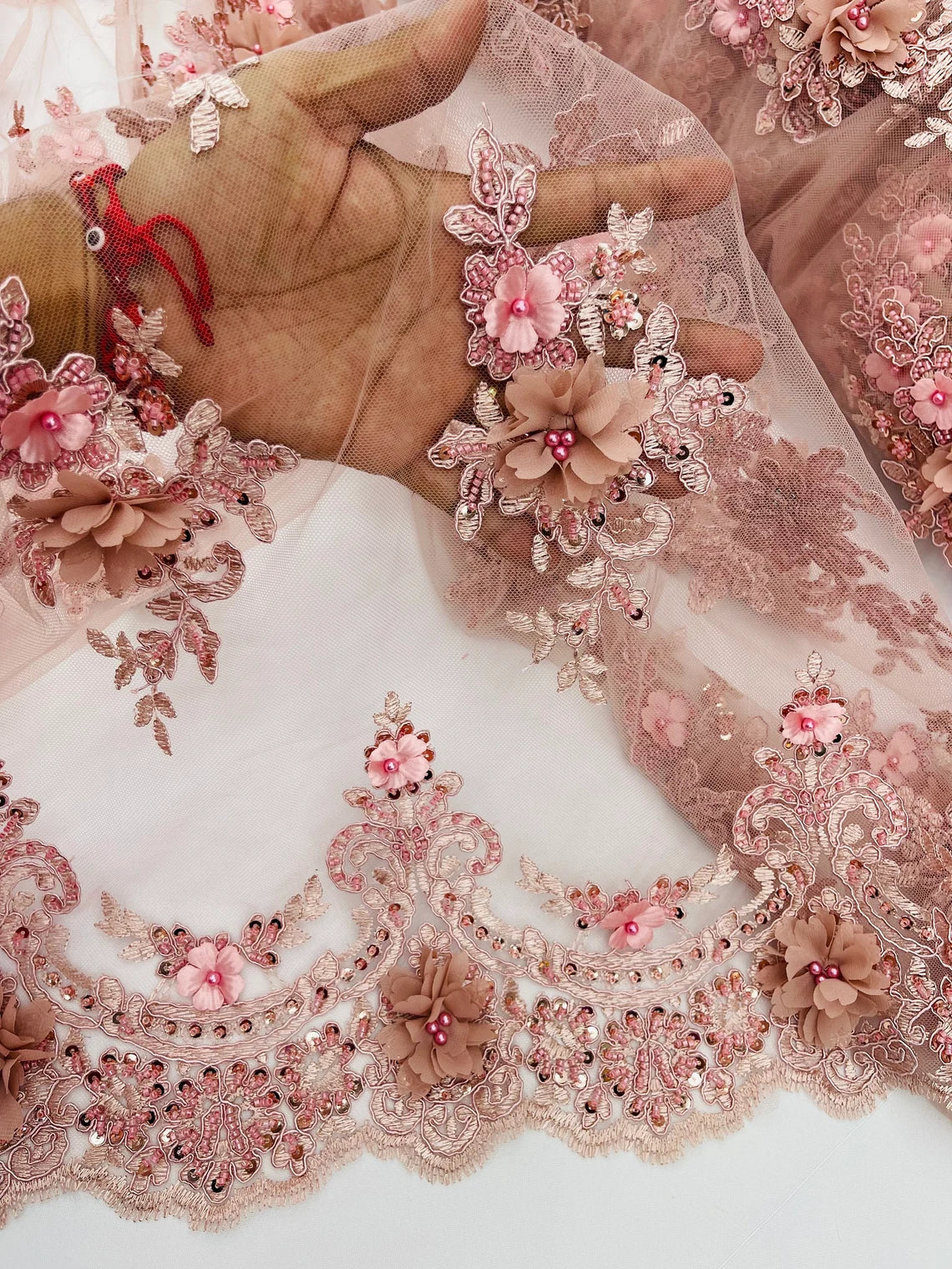 3D Floral Pearl Design - Rose - Floral Embroidered Pearls and Sequins Fabric By Yard