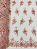 3D Floral Pearl Design - Rose - Floral Embroidered Pearls and Sequins Fabric By Yard