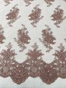 Floral Damask Lace Fabric - Rose - Embroidered Damask Flowers on Lace Fabric By Yard
