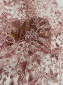 Butterfly Swirl Lace Fabric - Rose - Metallic Sequins Design on Lace Fabric By Yard