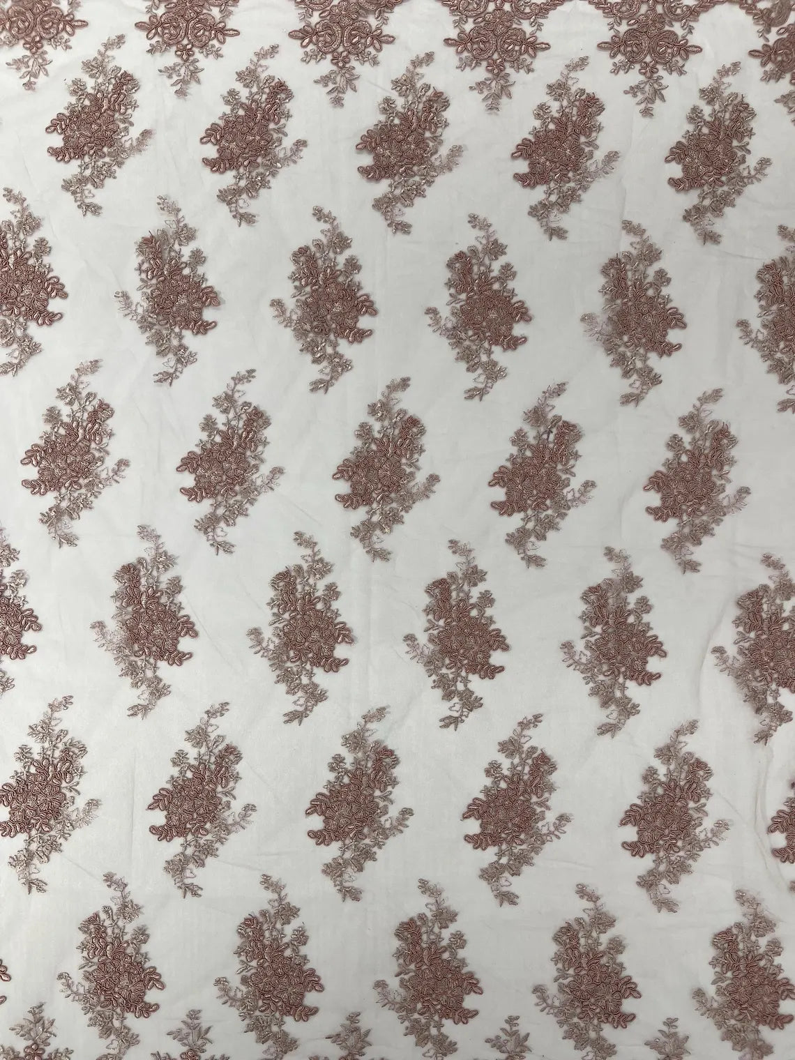 Floral Damask Lace Fabric - Rose - Embroidered Damask Flowers on Lace Fabric By Yard