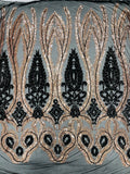 Damask Palm Leaf Design - Rose Gold on Black - 4 Way Stretch Sequin Fabric on Mesh Sold By Yard