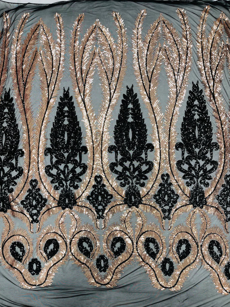 Damask Palm Leaf Design - Rose Gold on Black - 4 Way Stretch Sequin Fabric on Mesh Sold By Yard