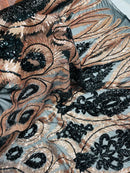 Damask Palm Leaf Design - Rose Gold on Black - 4 Way Stretch Sequin Fabric on Mesh Sold By Yard