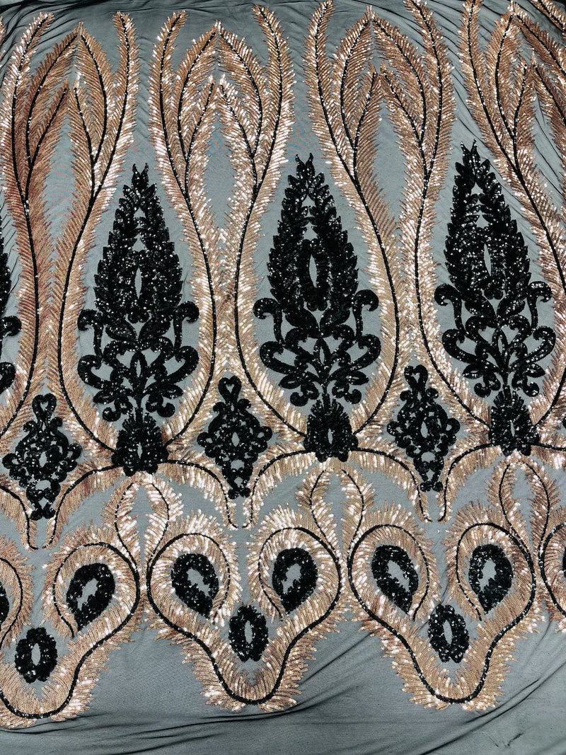 Damask Palm Leaf Design - Rose Gold on Black - 4 Way Stretch Sequin Fabric on Mesh Sold By Yard