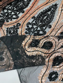 Damask Palm Leaf Design - Rose Gold on Black - 4 Way Stretch Sequin Fabric on Mesh Sold By Yard
