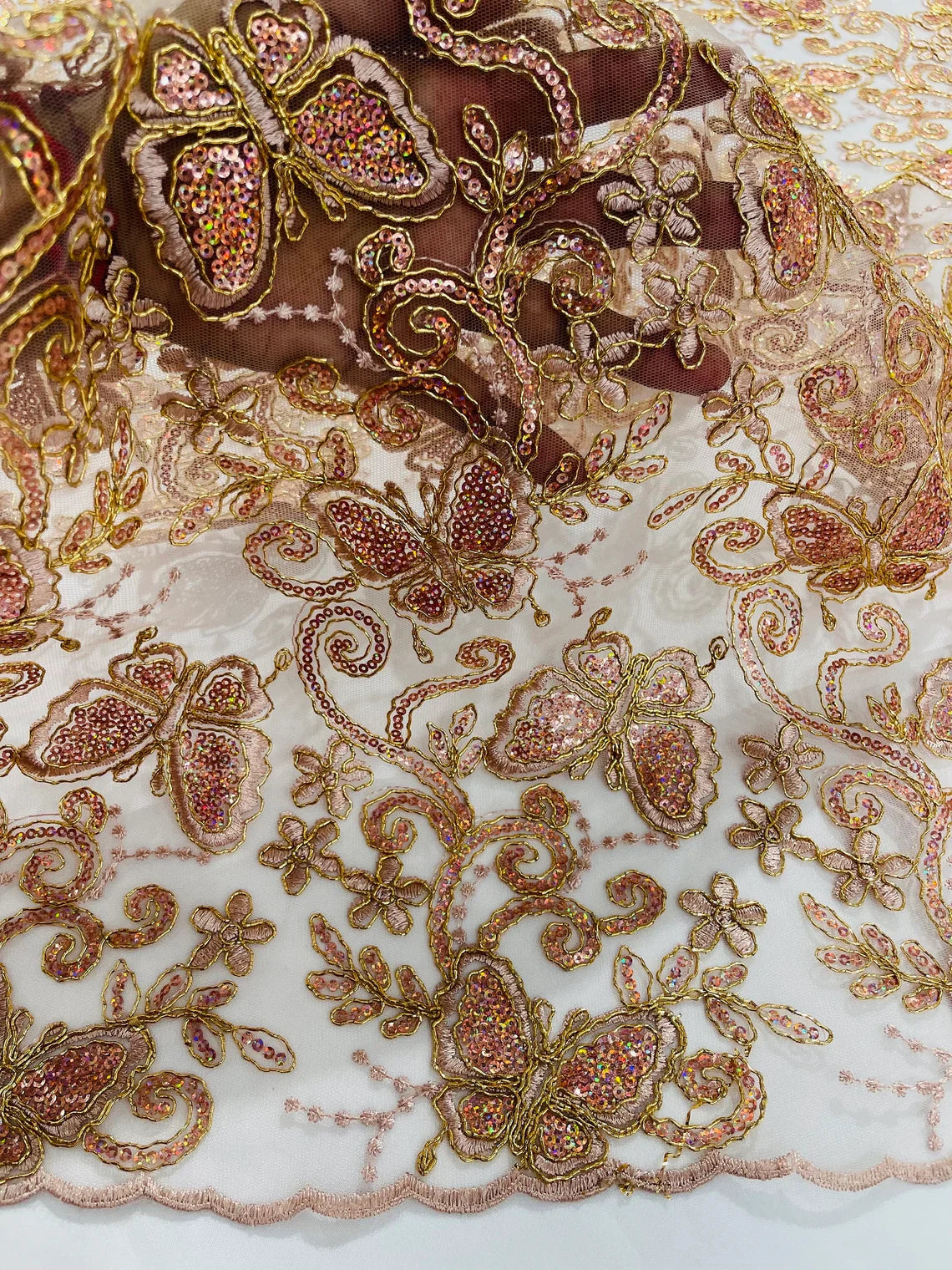 Butterfly Swirl Lace Fabric - Rose Gold - Metallic Sequins Design on Lace Fabric By Yard