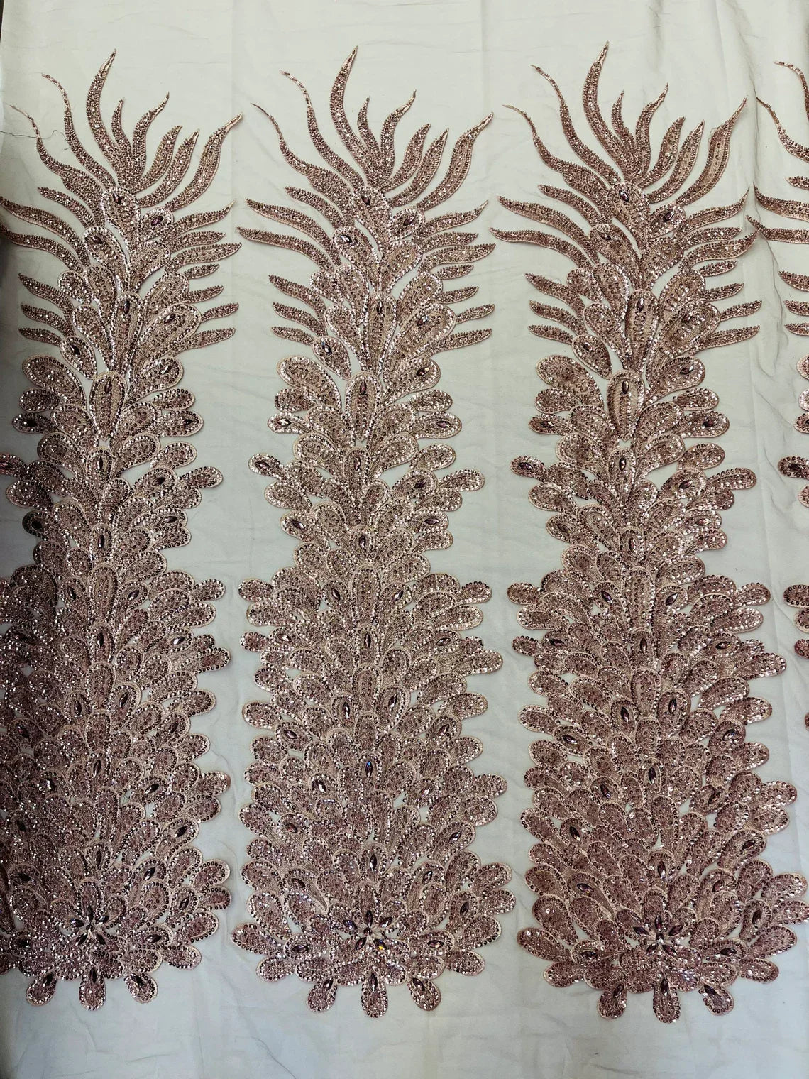 3D Beaded Peacock Feathers - Vegas Design Embroidered Sequins and Beads On a Mesh Lace Fabric - 15 Yard Roll