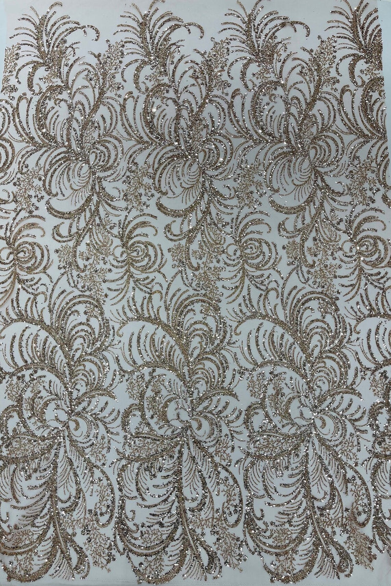 Glitter Palm Leaf Design Fabric - Rose Gold - Tulle Mesh Glitter Leaf Design Fabric Sold By Yard