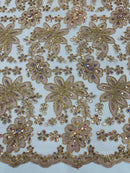 Corded Lace Floral Fabric - Rose Gold - Hologram Sequins Metallic Thread Floral Fabric by Yard