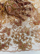 Butterfly Swirl Lace Fabric - Rose Gold - Metallic Sequins Design on Lace Fabric By Yard