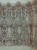 Damask Geometric Sequins - Rose Gold - 4 Way Stretch Sequins Damask Pattern Design Sold By Yard