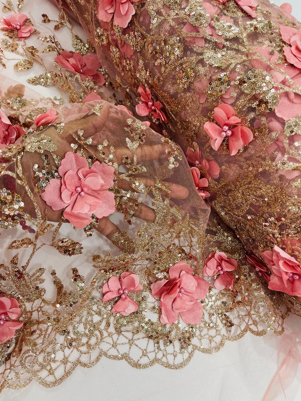 3D Big Flower Glitter Fabric - Rose Gold - Floral Glitter Sequin Design on Lace Mesh Fabric by Yard