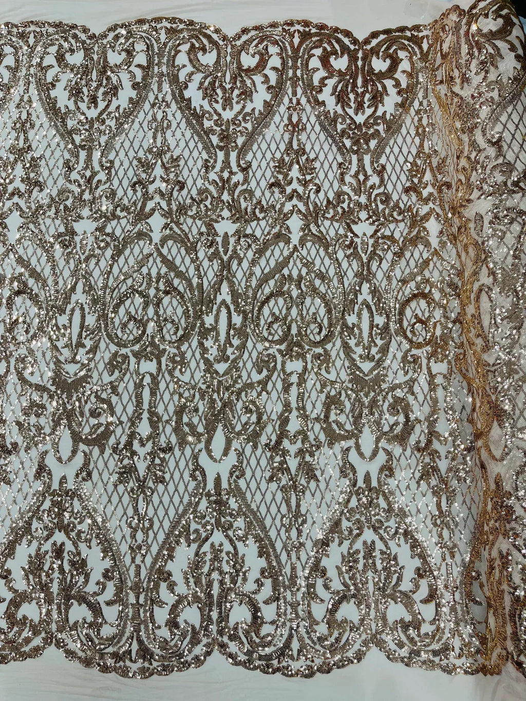 Heart Damask Sequins - Rose Gold - 4 Way Stretch Elegant Shiny Net Sequins Fabric By Yard