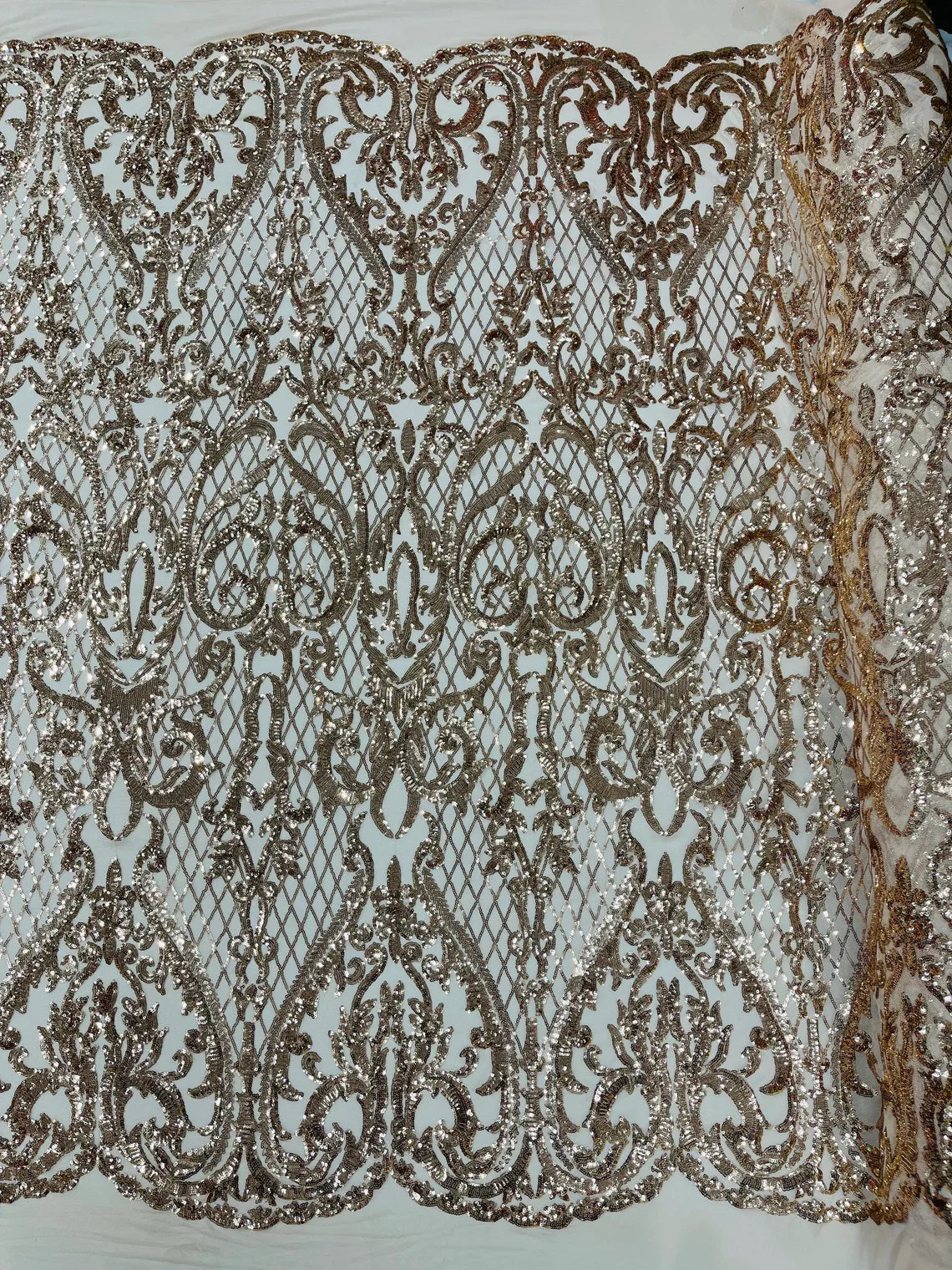 Heart Damask Sequins - Rose Gold - 4 Way Stretch Elegant Shiny Net Sequins Fabric By Yard