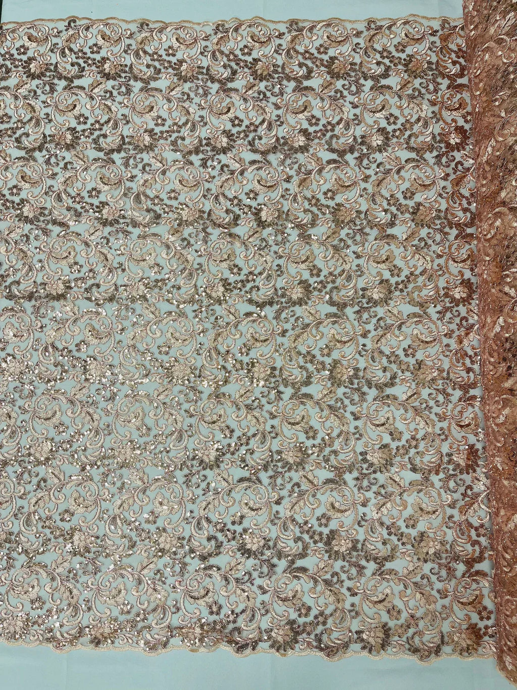 Metallic Floral Lace Fabric - Rose Gold - Embroidered Sequins Floral Design Sold By Yard